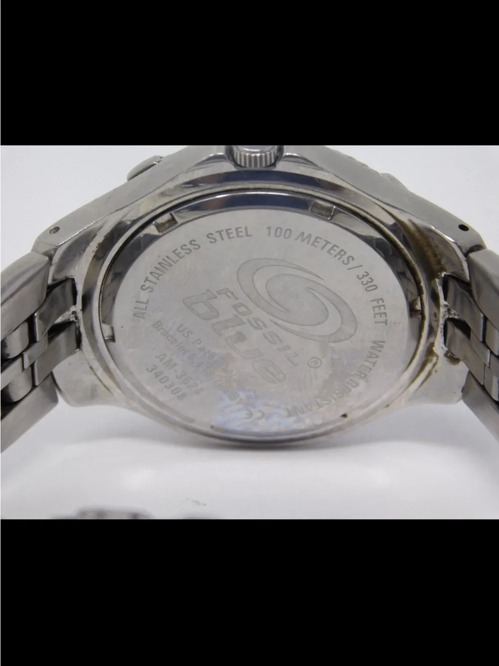 Fossil Blue Mens Watch AM-3624 Vintage Luminous Stainless Steel Black Dial 100m